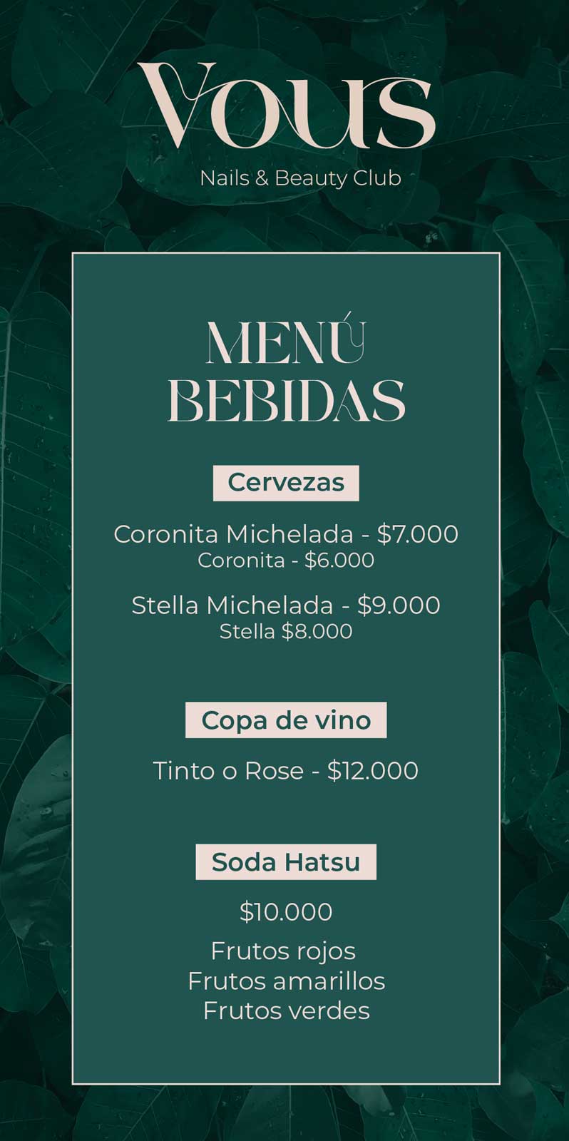 menú bebidas vous nails